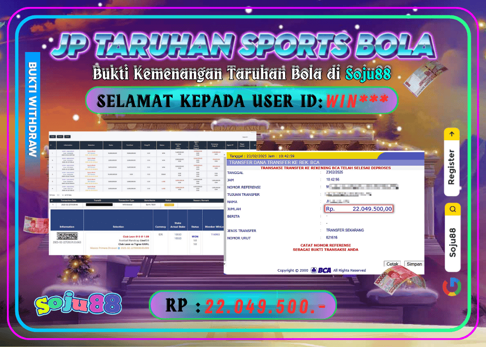 JACKPOT TARUHAN GAME ( SPORTS BOLA ) RP.22.049.000,- LUNAS DI SOJU88!