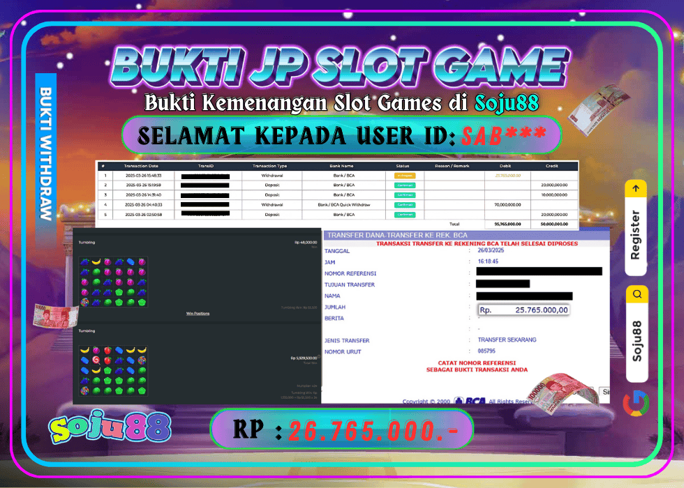 JACKPOT SLOT GAME (PRAGMATICPLAY – SWEET BONANZA) RP.26.765.000,- LUNAS DI SOJU88!