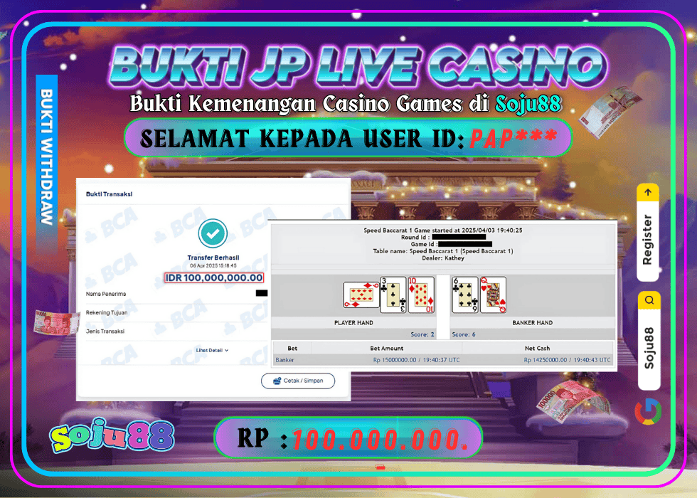 JACKPOT LIVE CASINO GAME (PRAGMATIC PLAY-SPEED BACCARAT A) RP.100.000.000,- LUNAS DI SOJU88!