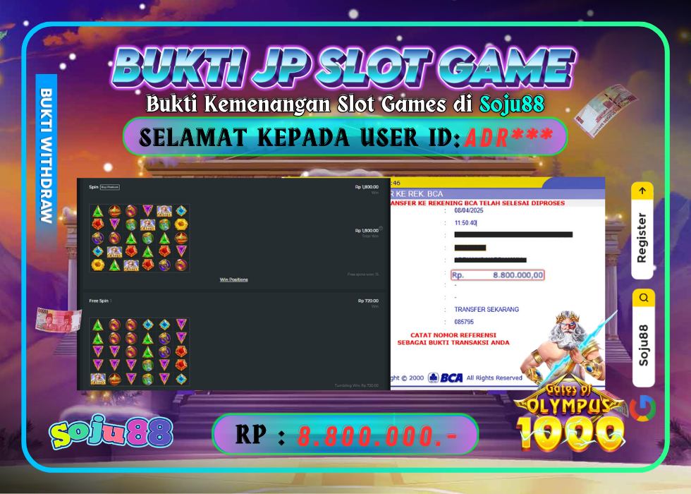 JACKPOT SLOT GAME (GATES OF OLYMPUS 1000) RP.8.800.000,- LUNAS DI SOJU88!