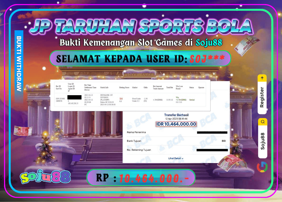 JACKPOT TARUHAN GAME ( SPORTS BOLA ) RP.10.464.000,- LUNAS DI SOJU88!