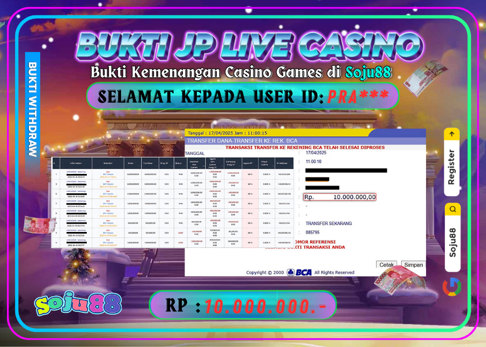 JACKPOT LIVE CASINO GAME (SAGAMING- BAC) RP.10.000.000,- LUNAS DI SOJU88!