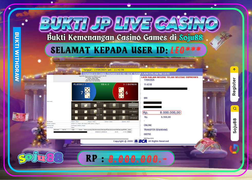 JACKPOT LIVE CASINO GAME (PRAGMATICPLAY – LIVE CASINO) RP.8.000.000,- LUNAS DI SOJU88!
