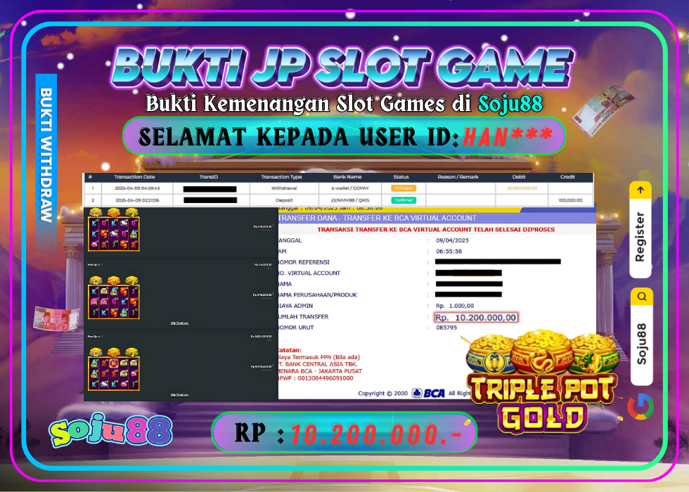 JACKPOT SLOT GAME (PRAGMATICPLAY – TRIPLE POT GOLD) RP.10.200.000,- LUNAS DI SOJU88!