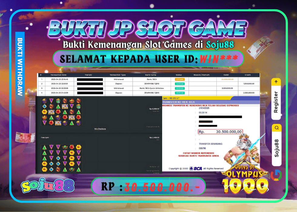 JACKPOT SLOT GAME (GATES OF OLYMPUS 1000) RP.30.500.000,- LUNAS DI SOJU88!