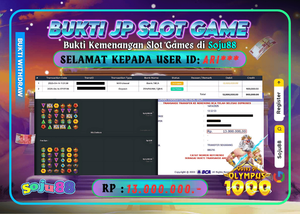 JACKPOT SLOT GAME (GATES OF OLYMPUS 1000) RP.13.000.000,- LUNAS DI SOJU88!