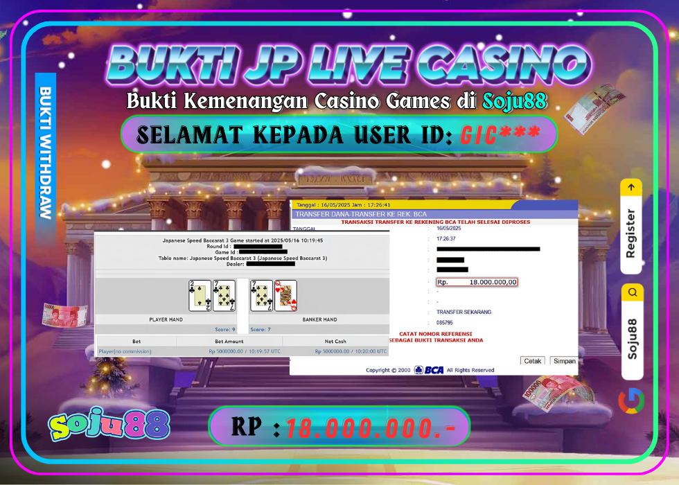 JACKPOT LIVE CASINO GAME (PRAGMATICPLAY – LIVE CASINO) RP.18.000.000,- LUNAS DI SOJU88!