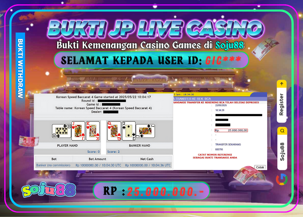 JACKPOT LIVE CASINO GAME (PRAGMATICPLAY – LIVE CASINO) RP.25.000.000,- LUNAS DI SOJU88!