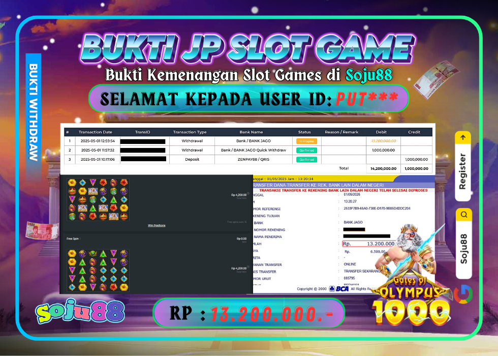 JACKPOT SLOT GAME (GATES OF OLYMPUS 1000) RP.13.200.000,- LUNAS DI SOJU88!