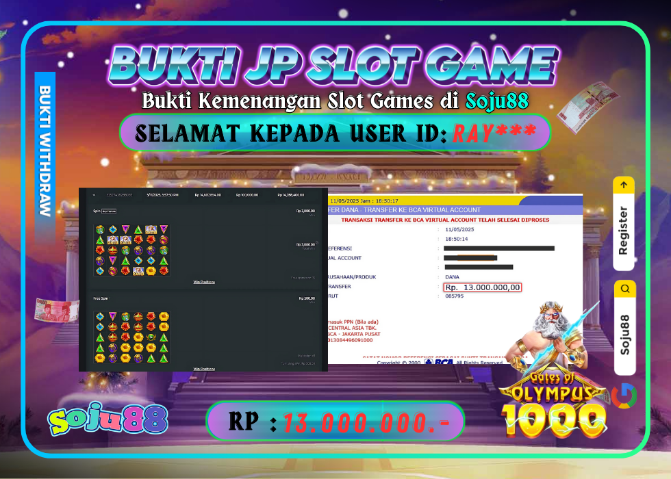 JACKPOT SLOT GAME (GATES OF OLYMPUS 1000) RP.13.000.000,- LUNAS DI SOJU88!