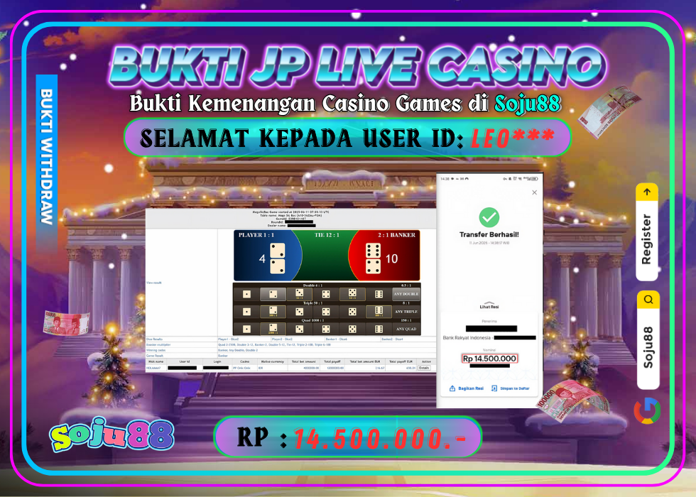 JACKPOT LIVE CASINO GAME (PRAGMATICPLAY – LIVE CASINO) RP.14.500.000,- LUNAS DI SOJU88!