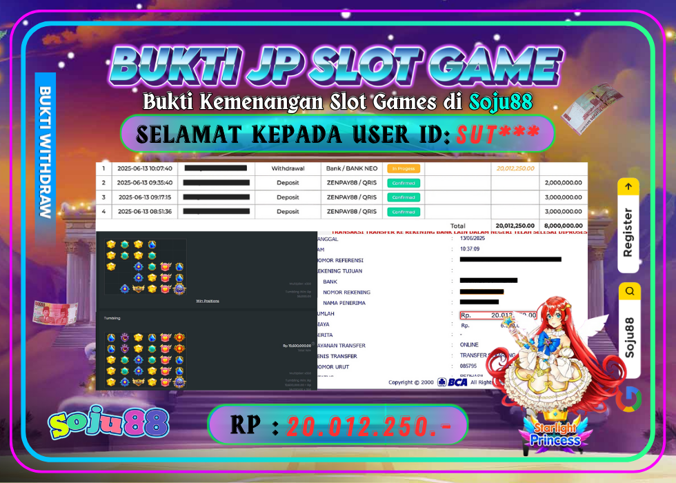 JACKPOT SLOT GAME (STARLIGHT PRINCESS 1000) RP.20.012.250,- LUNAS DI SOJU88!