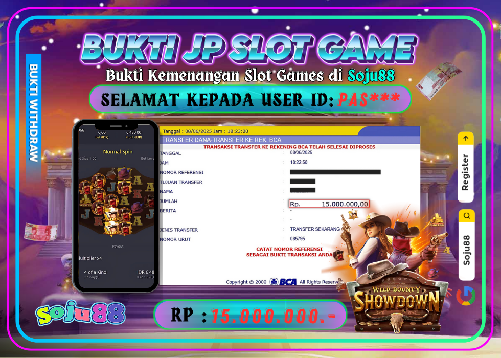 JACKPOT SLOT GAME (PGSOFT- WILD BOUNTY SHOWDOWN) RP.15.000.000,- LUNAS DI SOJU88!