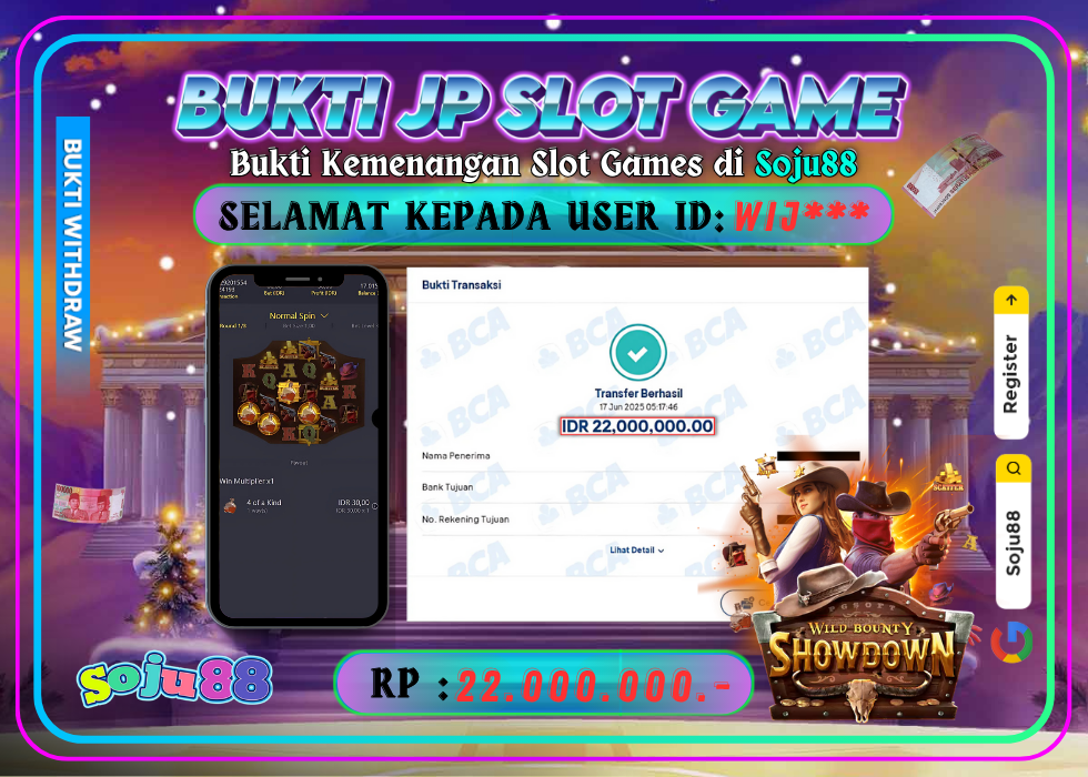 JACKPOT SLOT GAME (PGSOFT- WILD BOUNTY SHOWDOWN) RP.22.000.000,- LUNAS DI SOJU88!