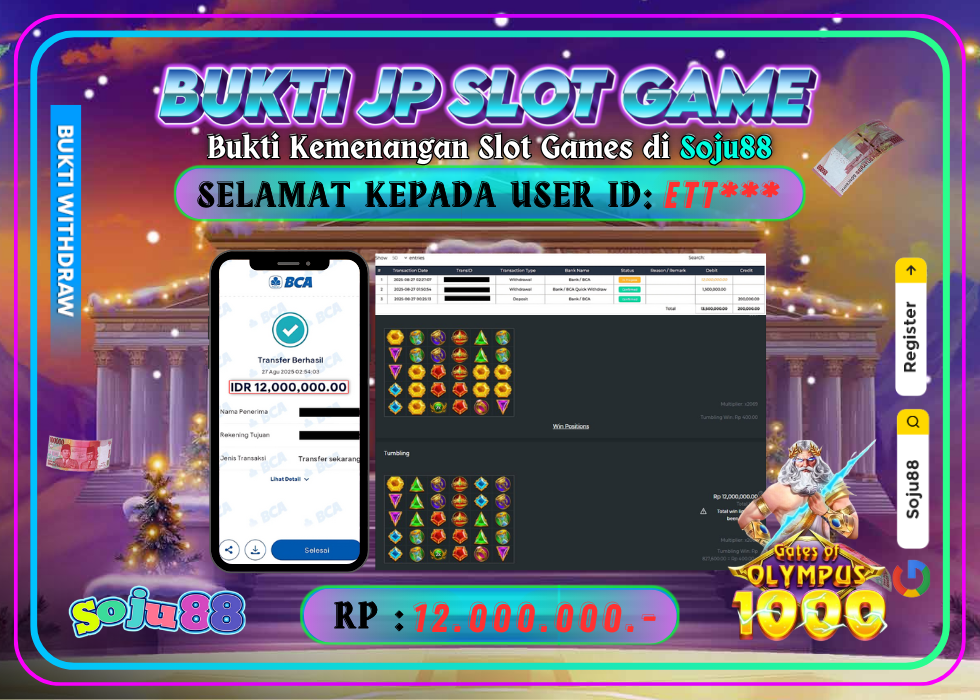 JACKPOT SLOT GAME (GATES OF OLYMPUS 1000) RP.12.000.000,- LUNAS DI SOJU88!