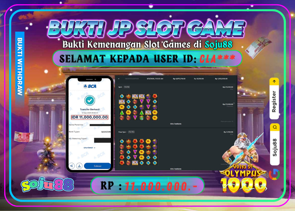 JACKPOT SLOT GAME (GATES OF OLYMPUS 1000) RP.11.000.000,- LUNAS DI SOJU88!
