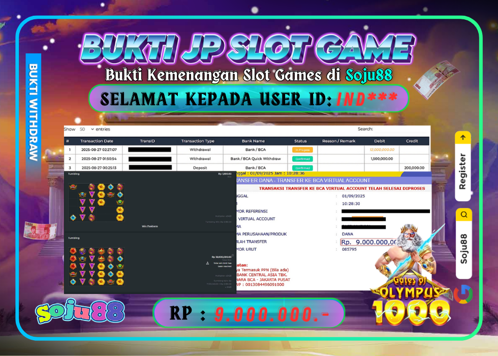 JACKPOT SLOT GAME (GATES OF OLYMPUS 1000) RP.9.000.000,- LUNAS DI SOJU88!