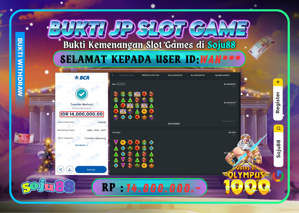 JACKPOT SLOT GAME (GATES OF OLYMPUS 1000) RP.14.000.000,- LUNAS DI SOJU88!