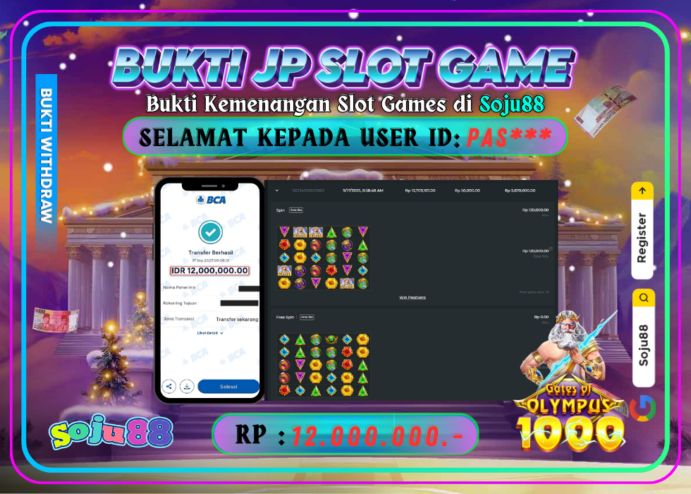 JACKPOT SLOT GAME (GATES OF OLYMPUS 1000) RP.12.000.000,- LUNAS DI SOJU88!