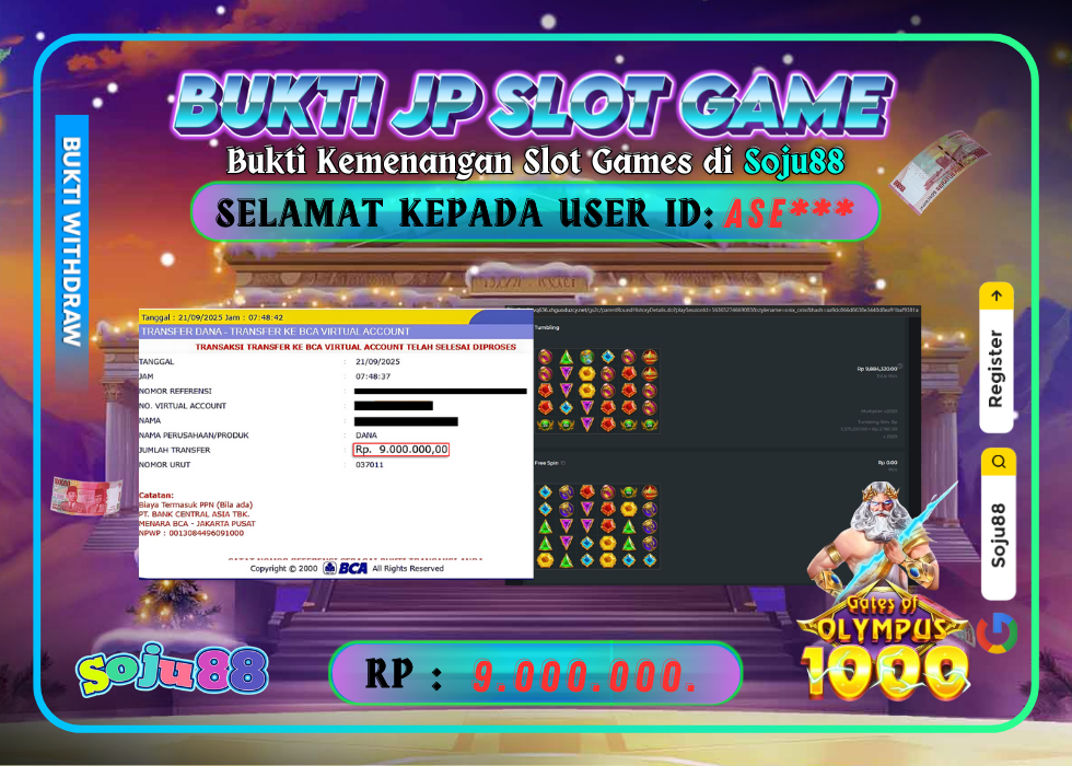 JACKPOT SLOT GAME (GATES OF OLYMPUS 1000) RP.9.000.000,- LUNAS DI SOJU88!