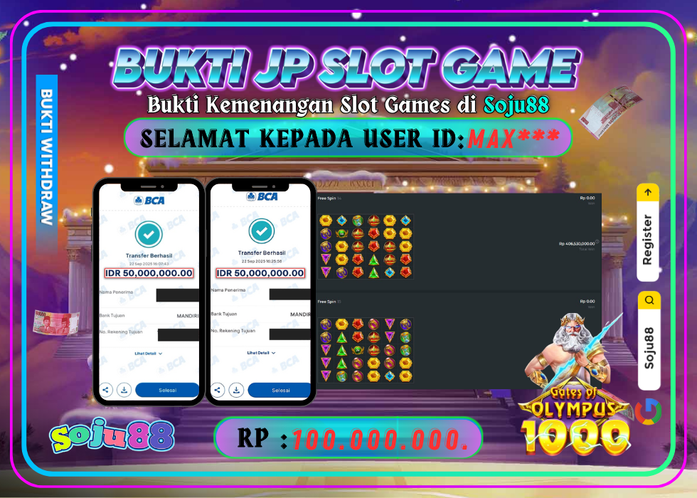 JACKPOT SLOT GAME (GATES OF OLYMPUS 1000) RP.100.000.000,- LUNAS DI SOJU88!