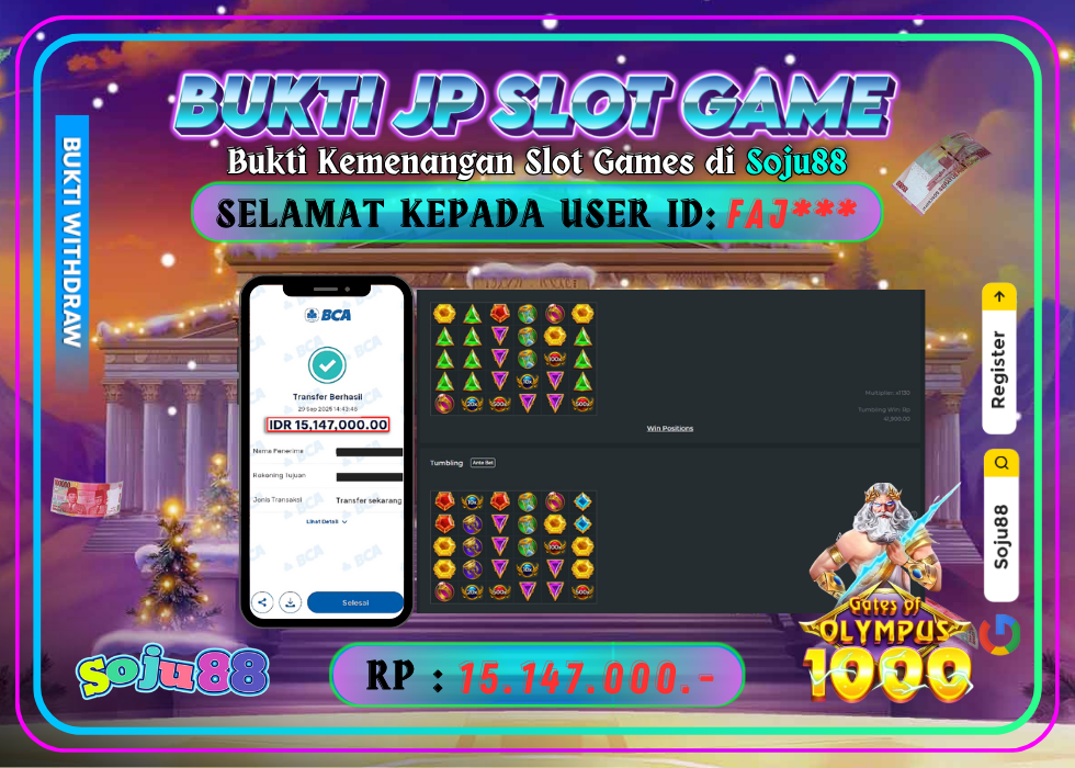 JACKPOT SLOT GAME (GATES OF OLYMPUS 1000) RP.15.147.000,- LUNAS DI SOJU88!