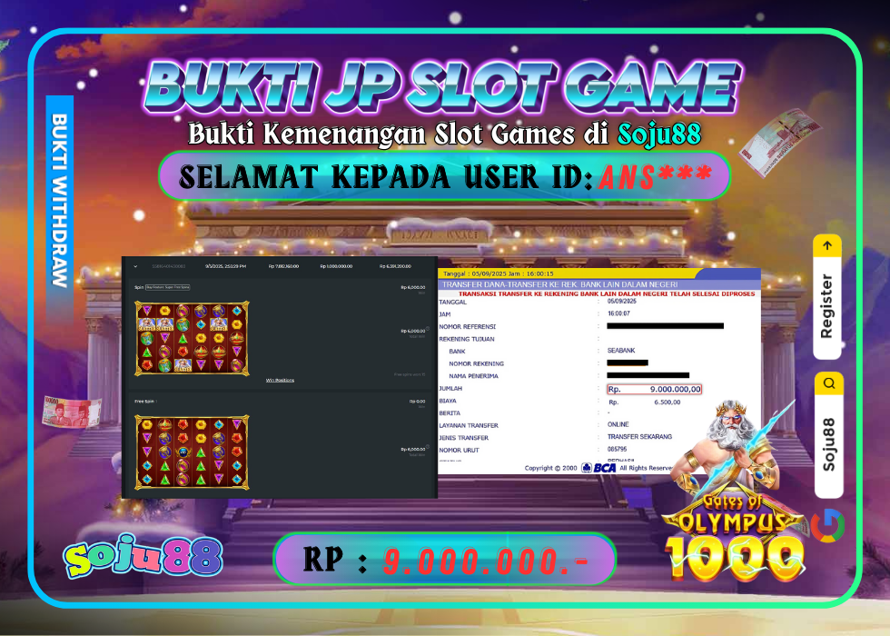 JACKPOT SLOT GAME (GATES OF OLYMPUS 1000) RP.9.000.000,- LUNAS DI SOJU88!