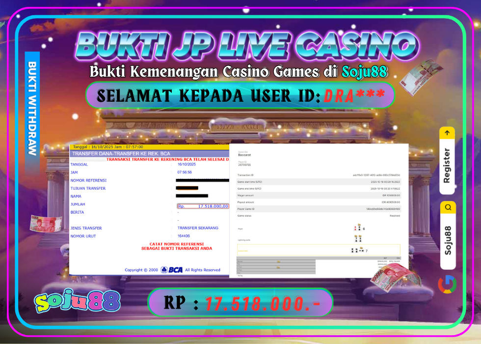 JACKPOT LIVE CASINO GAME (EVOLUTION – LIGHTNING BACCARAT) RP.17.518.000,- LUNAS DI SOJU88!