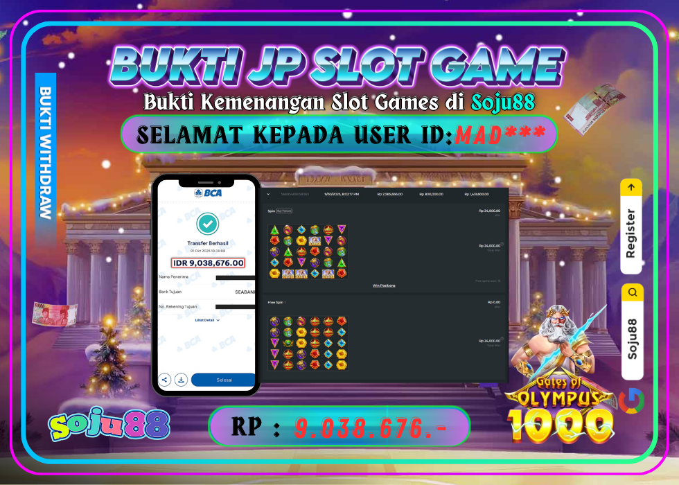 JACKPOT SLOT GAME (GATES OF OLYMPUS 1000) RP.9.038.000,- LUNAS DI SOJU88!