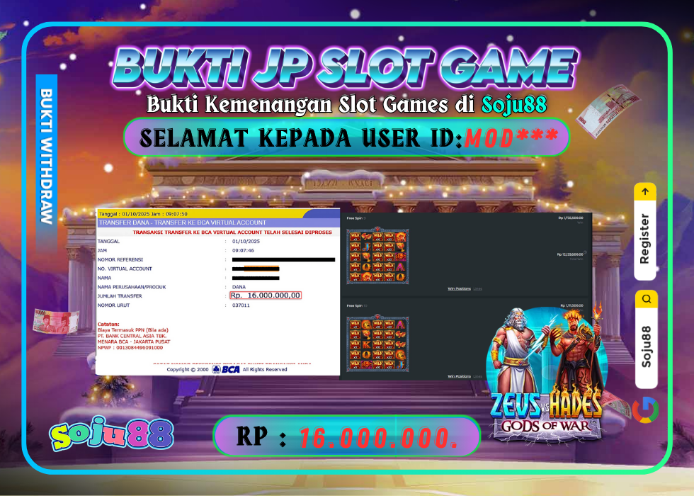 JACKPOT SLOT GAME (ZEUS VS HADES – GODS OF WAR™) RP.16.000.000,- LUNAS DI SOJU88!