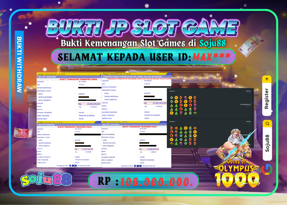 JACKPOT SLOT GAME (GATES OF OLYMPUS 1000) RP.100.000.000,- LUNAS DI SOJU88!