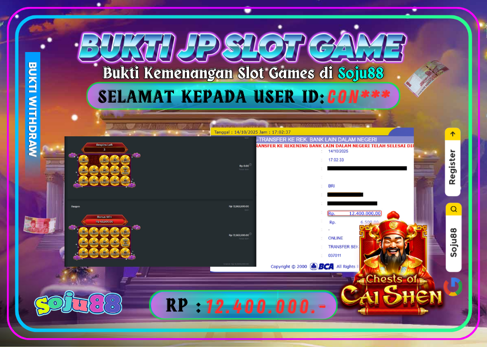 JACKPOT SLOT GAME (CHESTS OF CAI SHEN 2) RP.12.400.000,- LUNAS DI SOJU88!