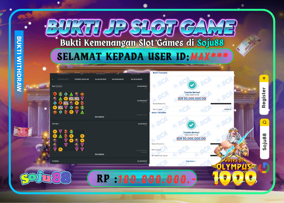 JACKPOT SLOT GAME (GATES OF OLYMPUS 1000) RP.100.000.000,- LUNAS DI SOJU88!