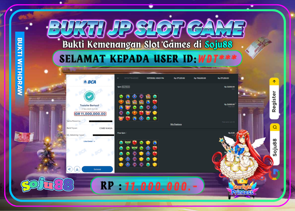 JACKPOT SLOT GAME (STARLIGHT PRINCESS 1000) RP.11.000.000,- LUNAS DI SOJU88!