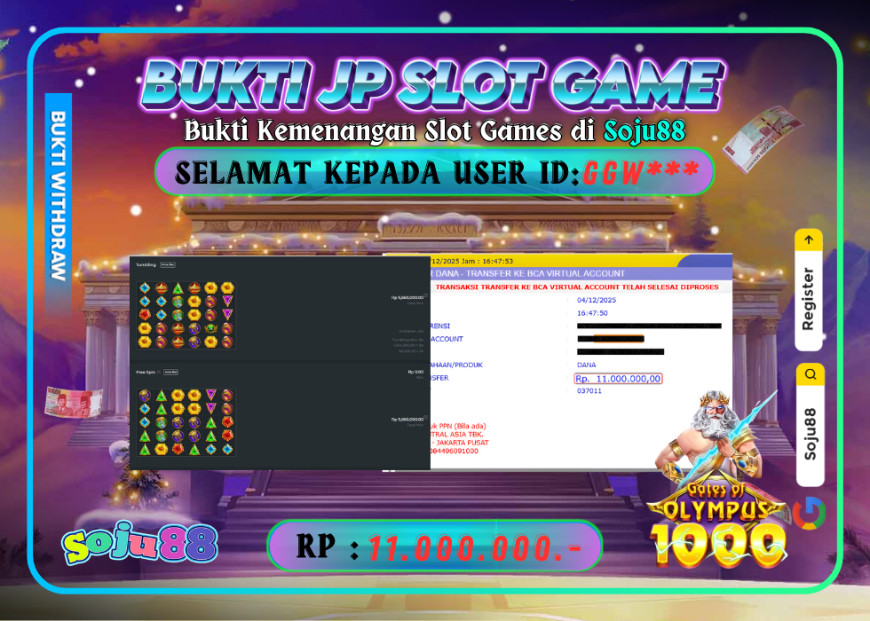 JACKPOT SLOT GAME (GATES OF OLYMPUS 1000) RP.11.000.000,- LUNAS DI SOJU88!