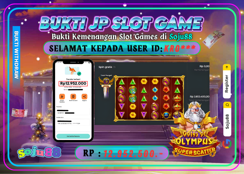 JACKPOT SLOT GAME (PRAGMATICPLAY – GATES OF OLYMPUS 1000™) RP.12.952.000,- LUNAS DI SOJU88!