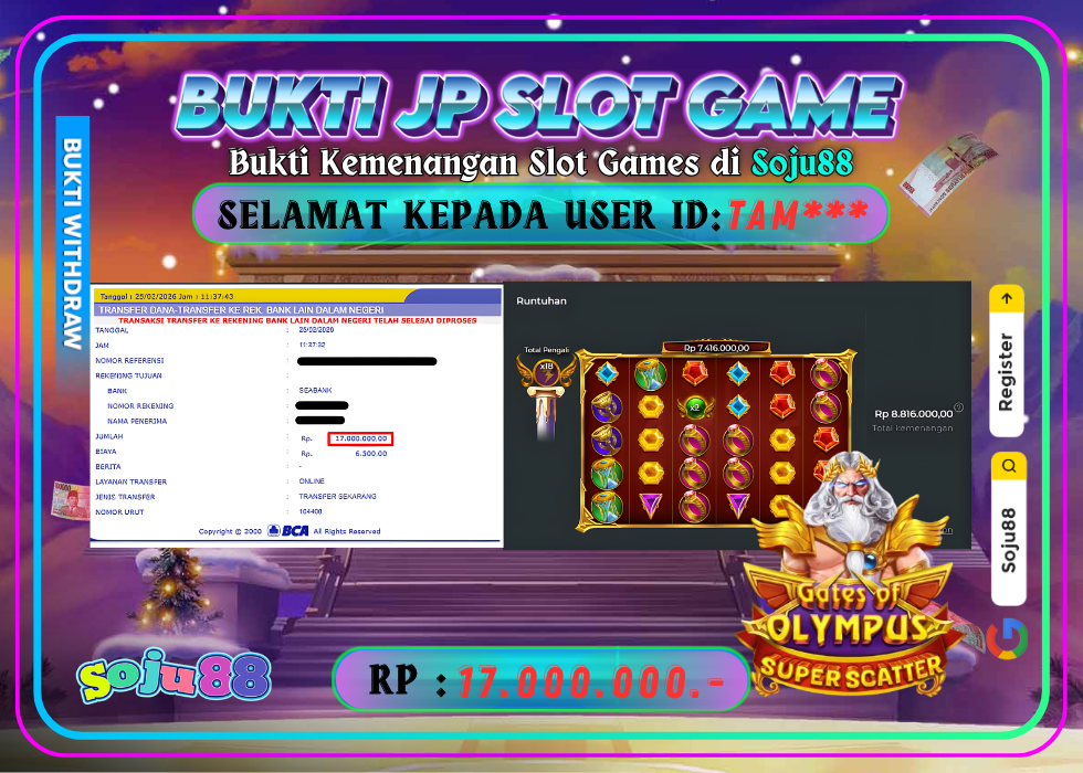 JACKPOT SLOT GAME (PRAGMATICPLAY – GATES OF OLYMPUS 1000™) RP.17.000.000,- LUNAS DI SOJU88!