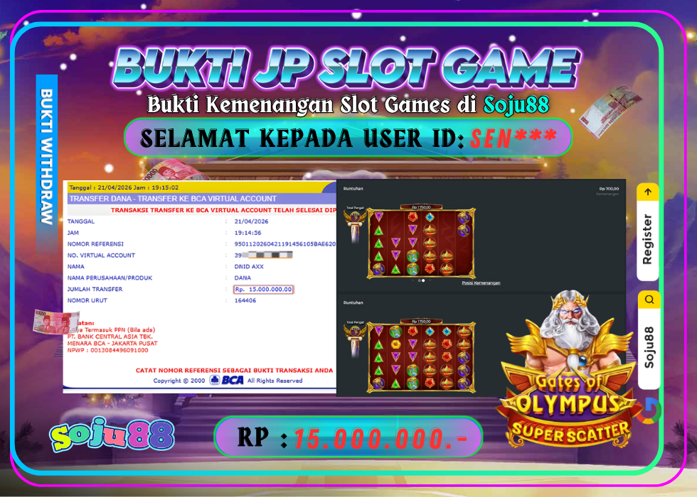 JACKPOT SLOT GAME (GATES OF OLYMPUS SUPER SCATTER) RP.15.000.000,- LUNAS DI SOJU88!